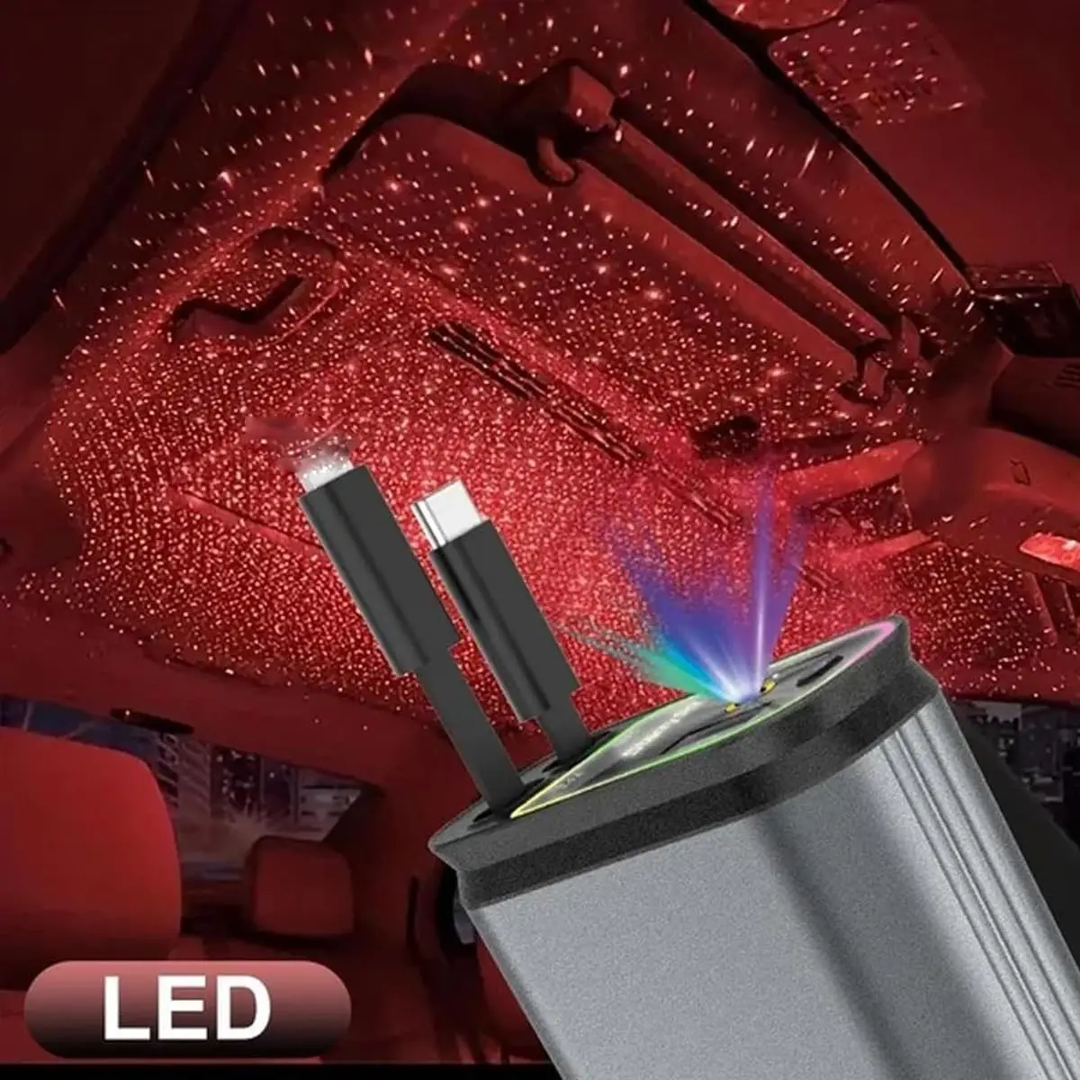 Star Top 4-in-1 Retractable Fast Charger with LED Light Compatible with iPhone & Type-C Dual USB Ports Car Item Efficient Charging 180-Degree Rotatabl