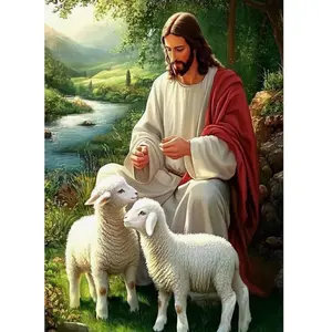 Jesus and Lambs Diamond Painting Kit - 5D Full Drill DIY Rhinestone Embroidery Art - Jesus and Sheep Religious Mosaic Art - Spiritual Home Decor Gift for Faithful - Jesus With Sheep Diamond Painting for Wall Art - Handicraft