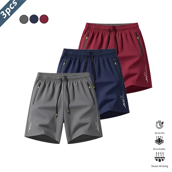 Men’s quick-dry lightweight breathable shorts, 3-pack, casual athletic style, wrinkle-resistant polyester blend fabric, solid color with reflective lightning stripe accents, suitable for running, basketball, and fitness training. SpringStatements