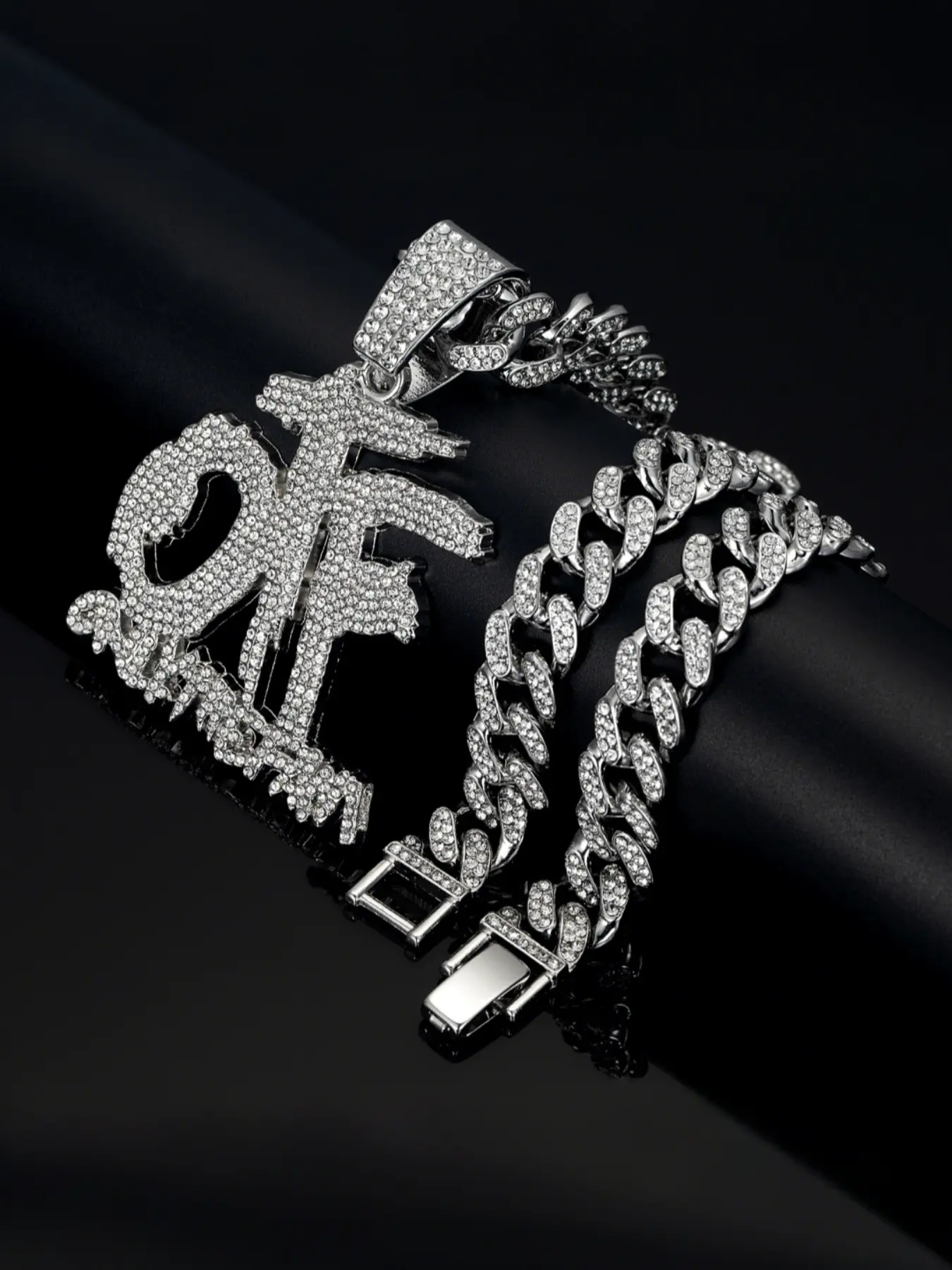 Hip Hop Full Diamond Otf Letter Pendant Necklace, Chunky Chain Necklace, Cuban Link Chains, Iced Out Jewelry, Statement Jewelry, Alloy Chain Cuban Link Design Zircon Jewelry, Street Style Art Culture Accessory, Trendy Hipster Gift