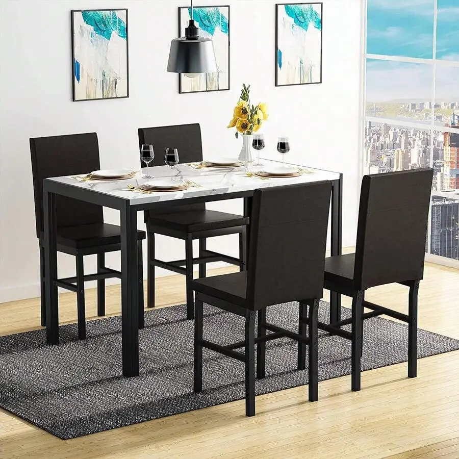 5-Piece Sturdy Contemporary Indoor Dining Set for Adults - Space Saver, 4 Ergonomic PU Leather Upholstered Chairs, Faux Marble Top Metal Frame Rectangular Table, 150lbs Capacity Daily Use Furniture Set
