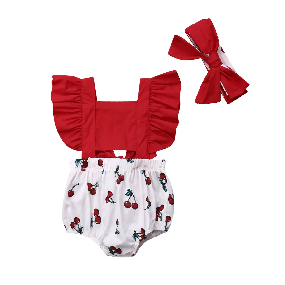 Ma&Baby 2Pcs Newborn Infant Baby Girls Romper Ruffle Fly Sleeve Backless Cherry Romper with Headband Summer Outfits Set Clothes