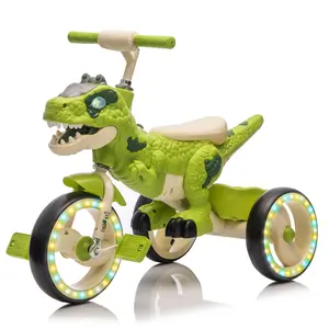 Kids Ride On Dinosaur Tricycle with Three-Wheel Stable Structure Wider Flash Wheels Anti-Slip Pedals & Handles Rear Storage Basket Music Lights for Ages 3-6
