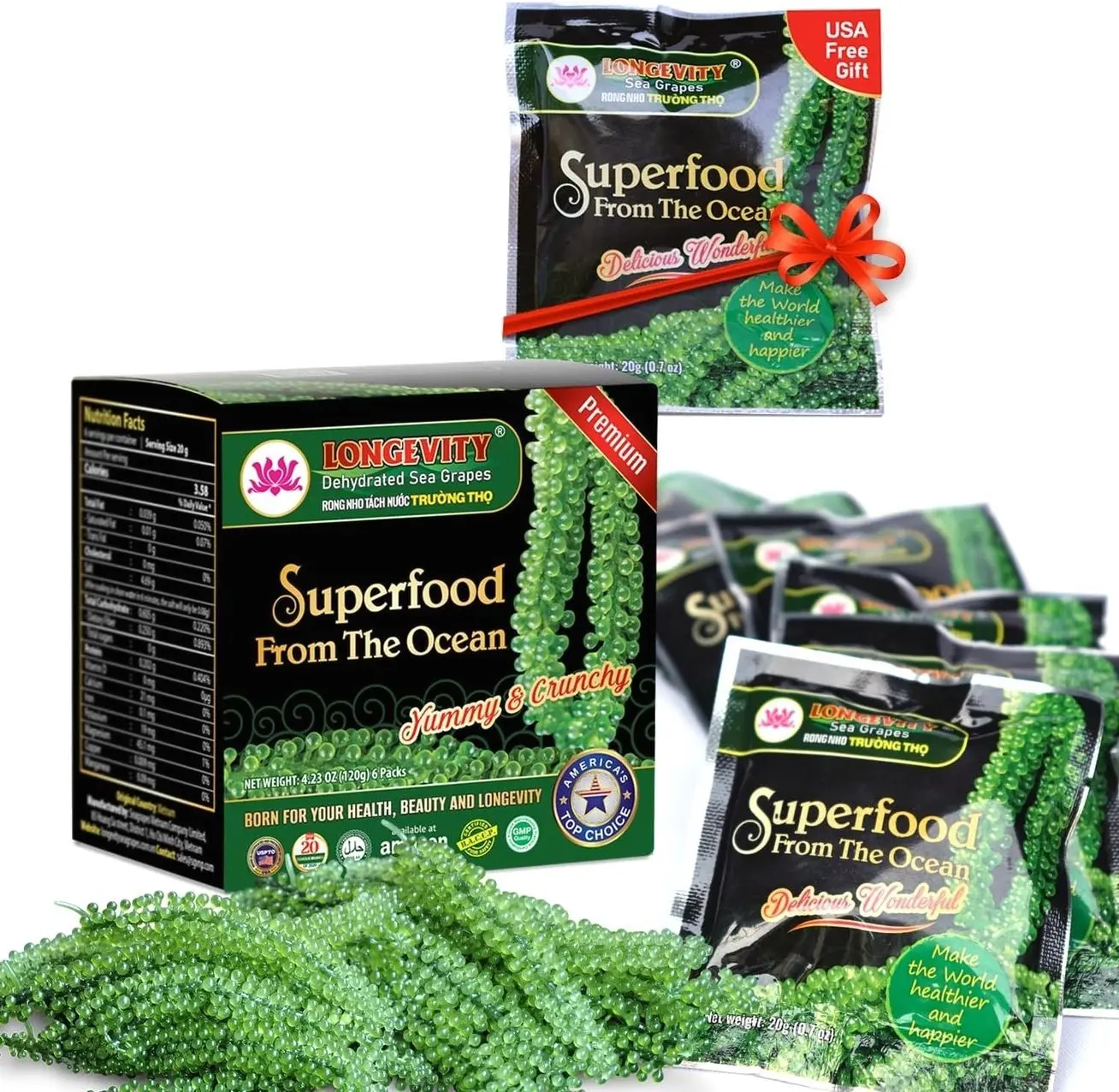 Longevity Dehydrated Sea Grapes, 4.23 oz of 6 packs, Umibudo Green Caviar, Lato Seaweed, Precious Gift From The Sea | Enhance Health, Boosting Immune System.