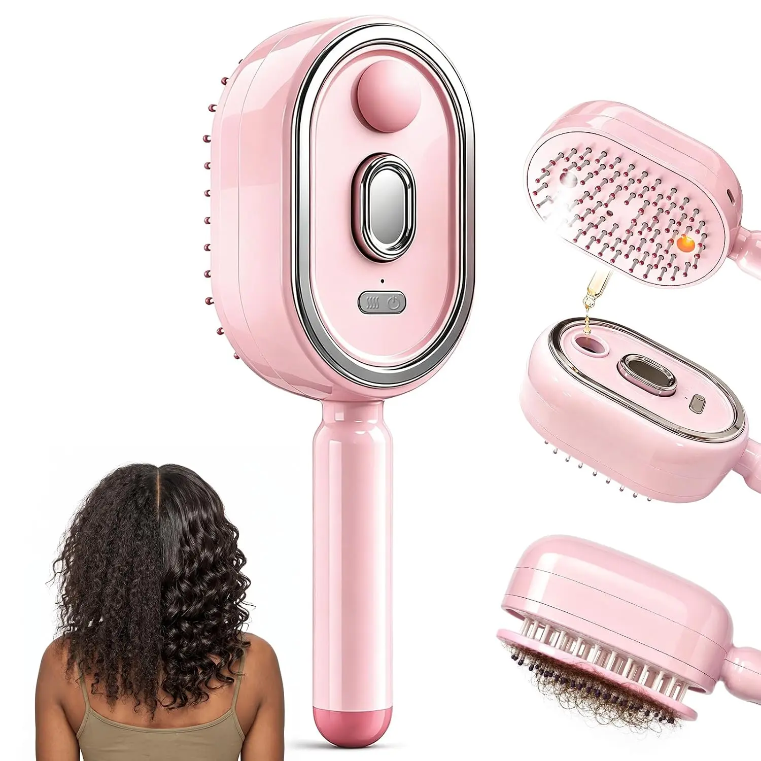 A comb with spray function, an essential oil hairbrush, suitable for dry and frizzy hair, a scalp massage comb and hair clips combination, a self-cleaning detangling comb with an essential oil care package.