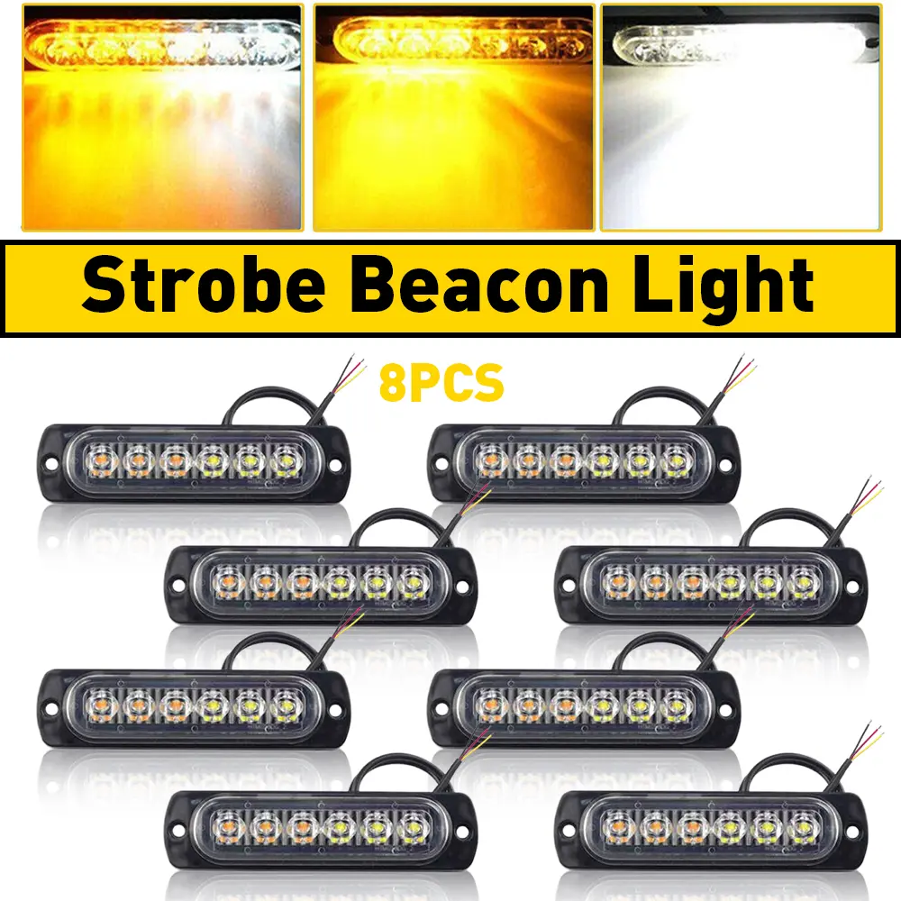 8-Pack 6 LED Amber/White Strobe Lights Vehicles Trucks Emergency Strobe Lights Kit 12V -24V Warning Hazard Flash Strobe Lights Bar Grill Grille Surface Mount Super Bright Waterproof, Amber/White