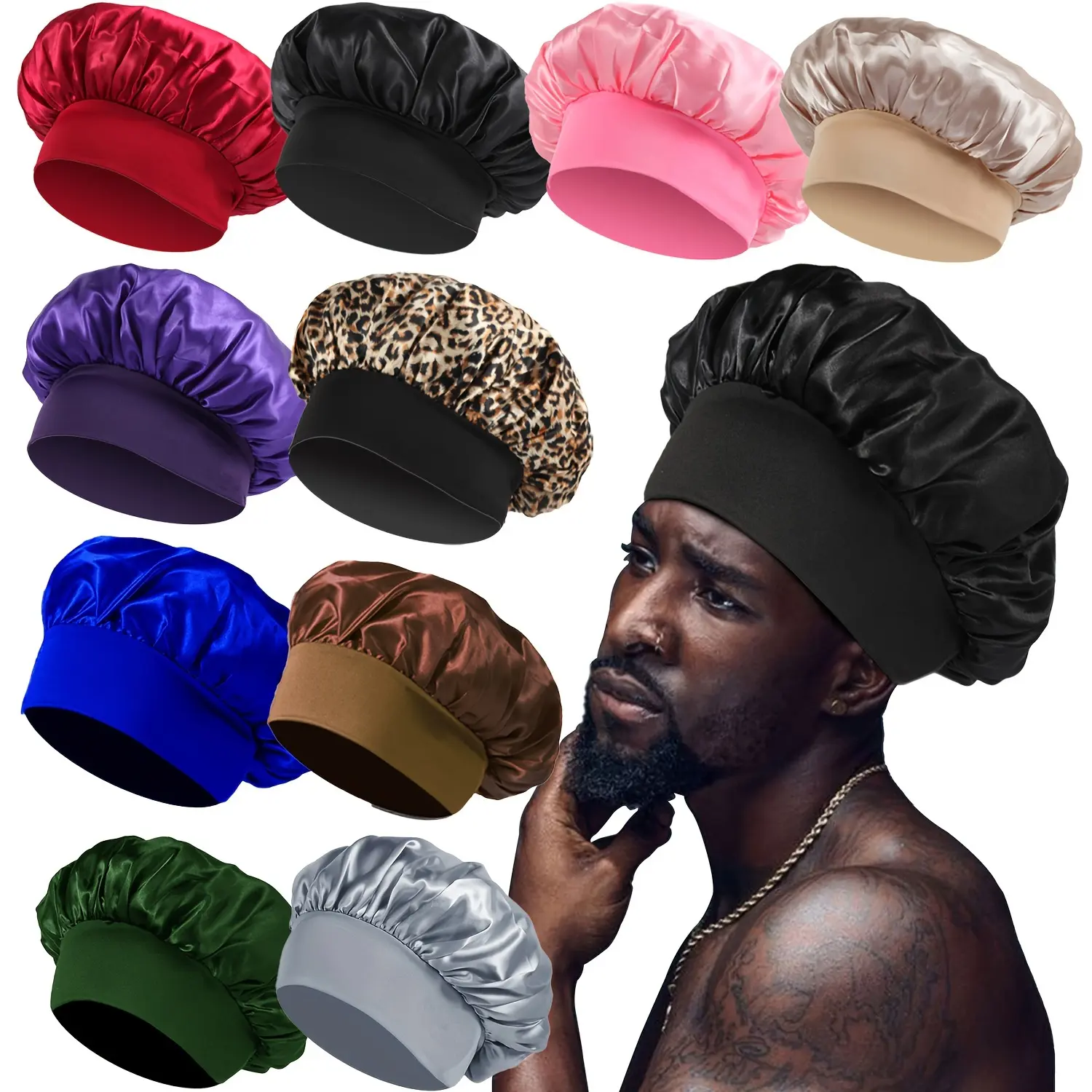 10-Piece Large Satin Bonnet Set, Solid Color Wide Band Hair Cap for Women, Comfortable Nightcap for Sleeping, Shower Caps, Bonnet Hats, Night Cap Hats