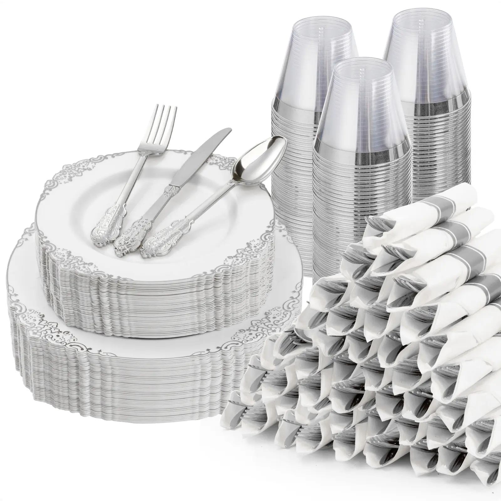 GOODLUCK 350PCS Plastic Disposable Tableware Set for 50 Guests, Vintage Gold Rim, Includes Plates, Silverware (Disposable Spoon), Napkins & Cups, Elegant for Parties, Special Events, Disposable Plates, Spoon Disposable