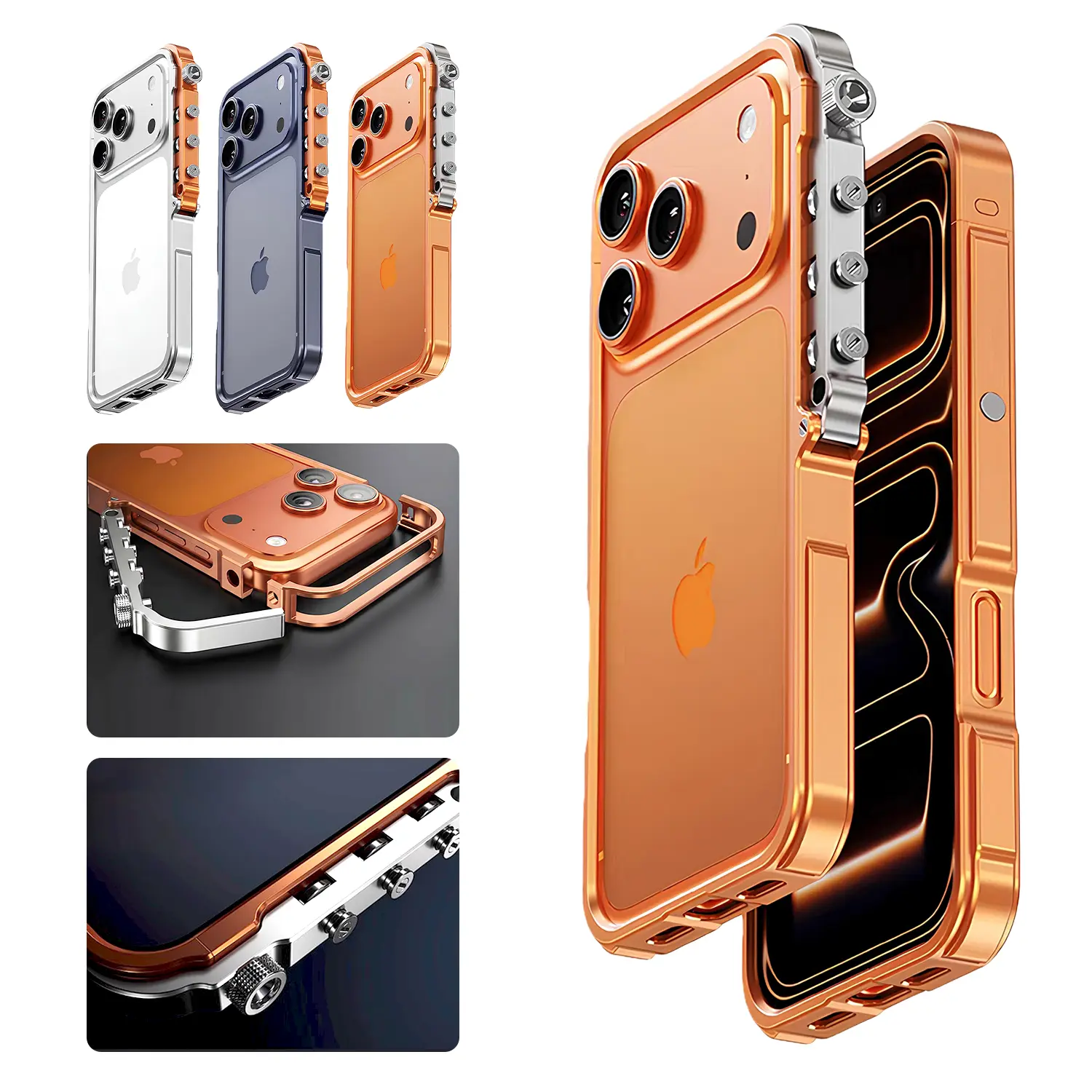HISTORYOO Full Metal Frame Bezel Bumper Case For iPhone 17 Pro Max 16 Pro 15 14 Plus 13 No Back Cover Armor Aluminum Alloy Bumper Punk armor style Mechanical Screw Button Split Frame Design for easy installation Minimalist Bare-Hand Feel Fit Lightweight