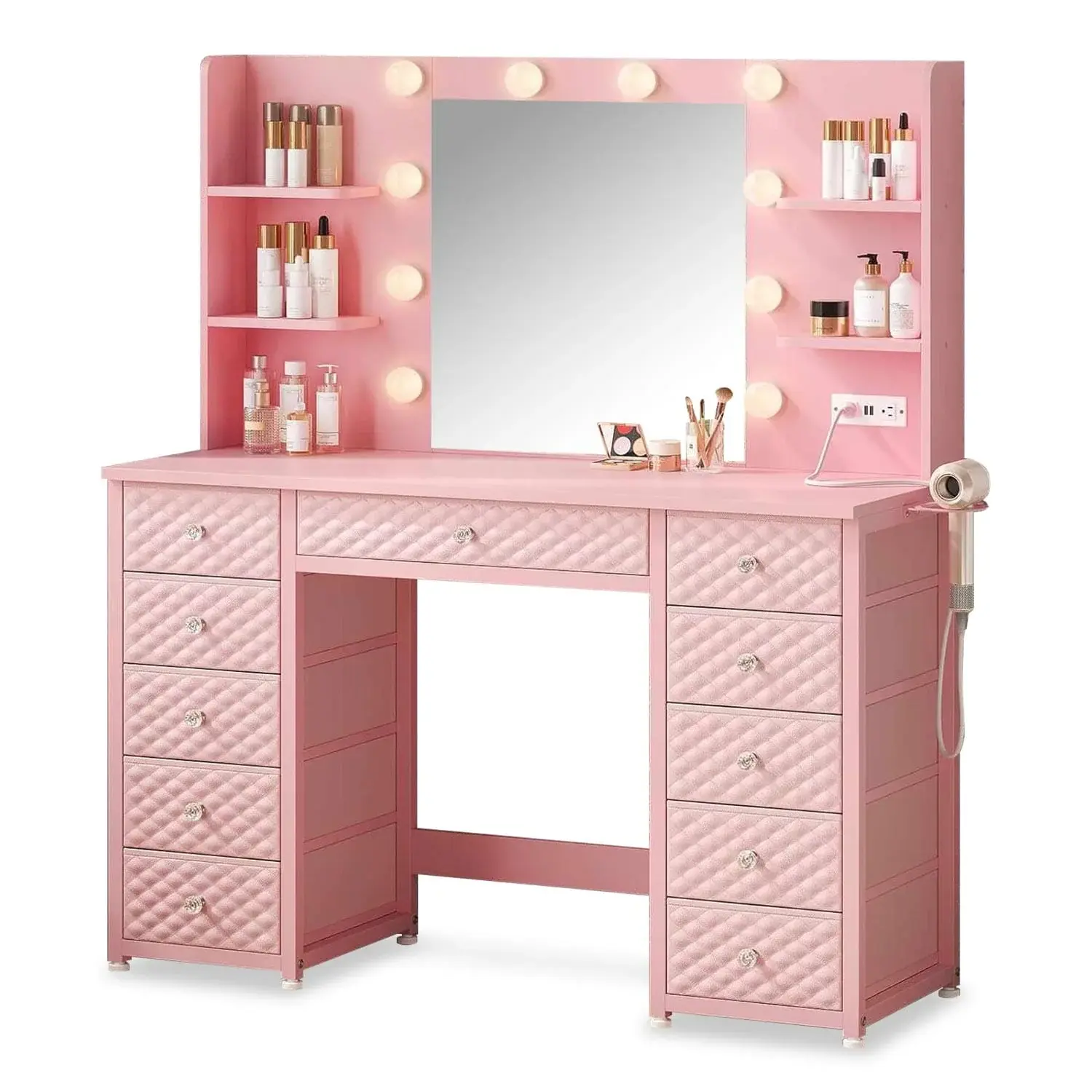 SIKAIC Blush Pink Glam Stable Makeup Desk - Stylish Modern Indoor Furniture with 11 Drawers, 6 Open Shelves, Assorted Sizes Storage, Vanity Organization for Bedrooms Dream Vanity Setup