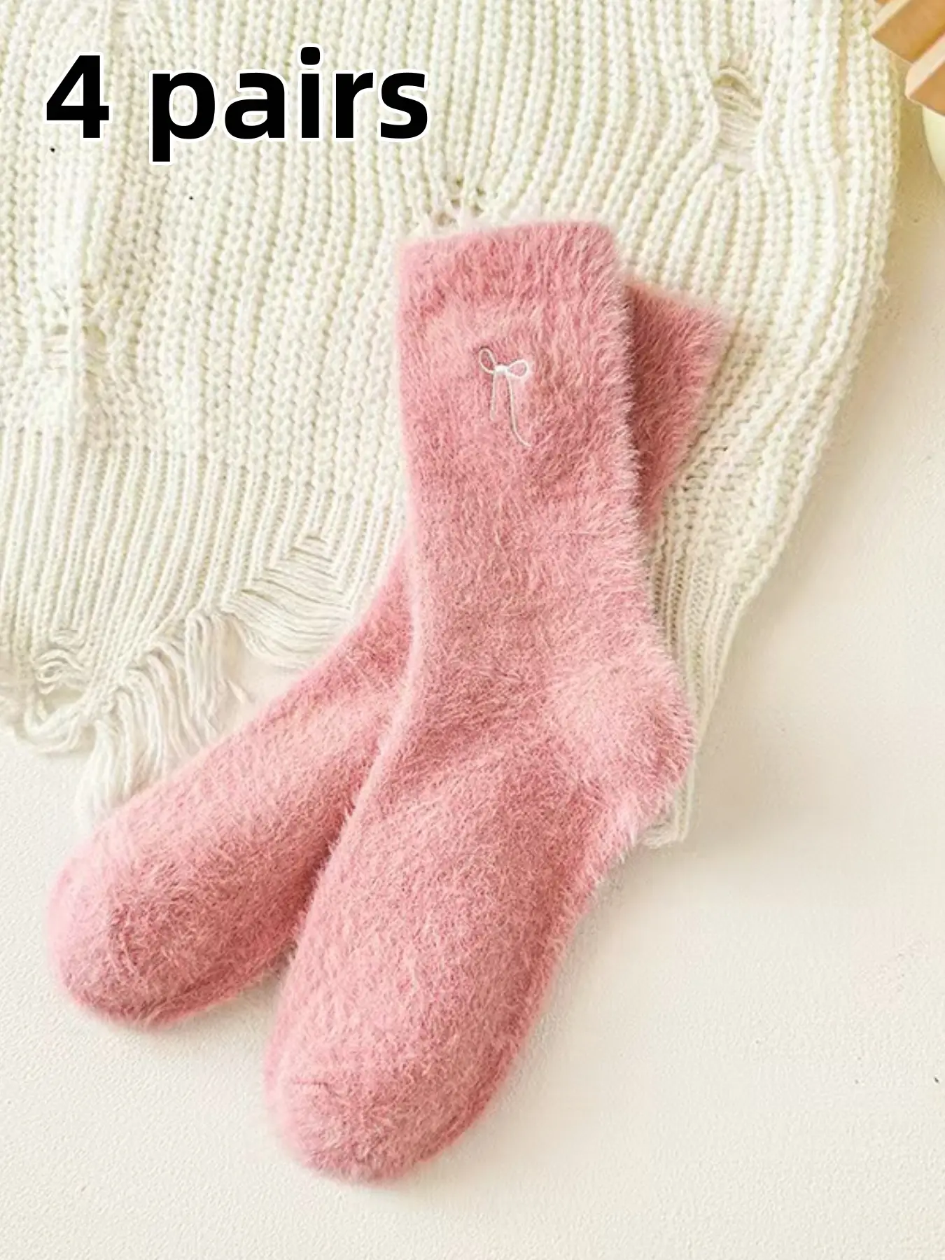 4 pairs of women's autumn and winter plush socks, mid-calf socks with bows, cute, soft and comfortable, fitted, suitable for daily outings and staying warm at home, Casual Daily Socks, Fluffy Socks