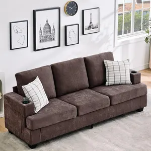 Garvee Modern 89-inch 3-Seater Sofa for Living Room with Deep Seat Comfort, Chenille Upholstery, Cup Holders, and Side Storage Pockets, Ideal for Apartment Lounge, Brown