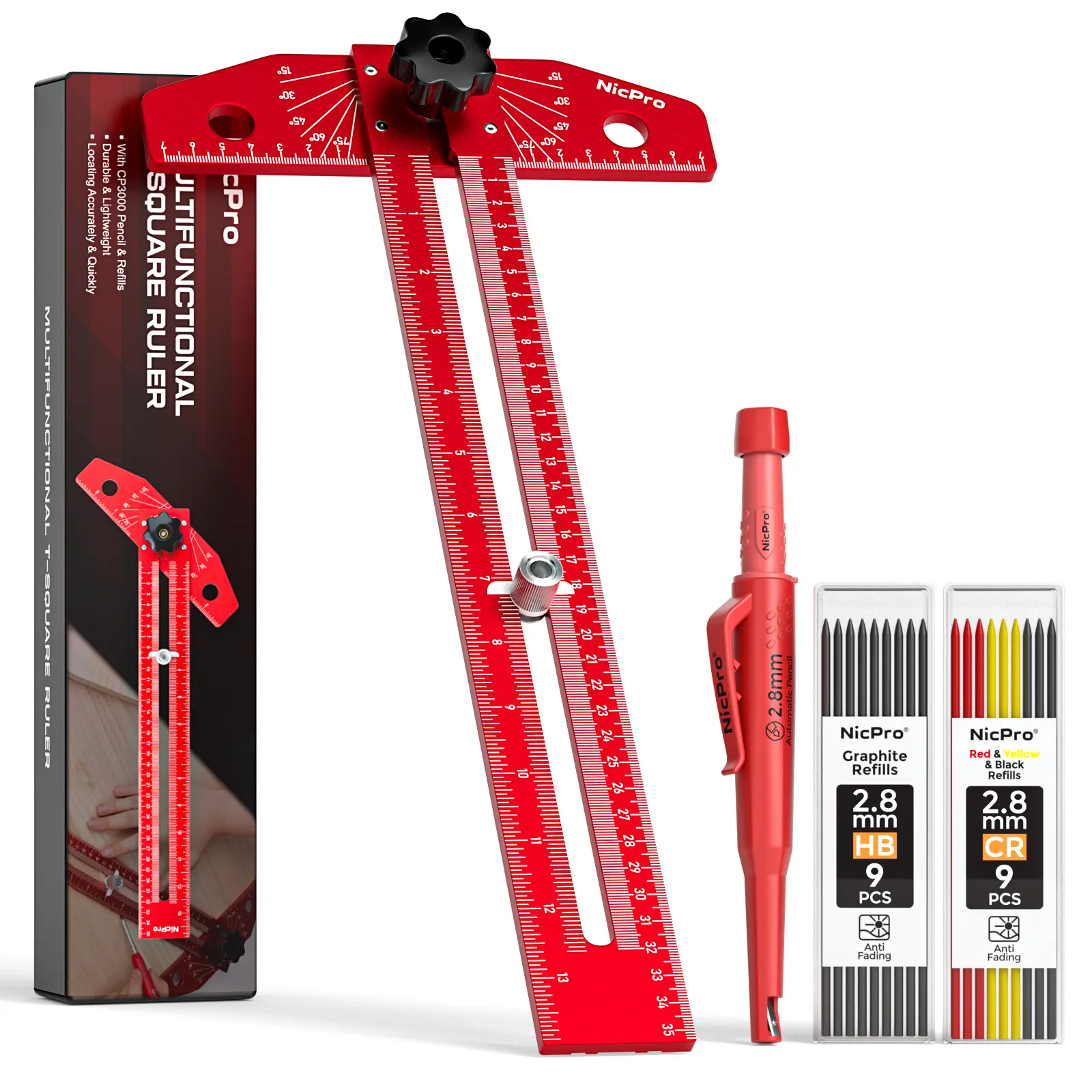 Nicpro Woodworking Scriber Marking Line Ruler, Adjustable Aluminum Alloy Sliding T-Square Ruler with Carpenter Pencil, Angle Adjustment Scale, Precision Line Drawing aid Ruler Tools for Woodworking