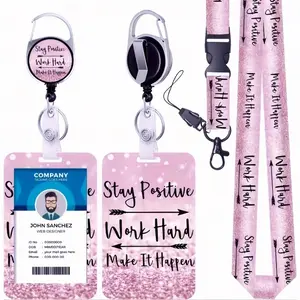 PVC Card Holder Set, Badge Clips, Name Tag Clip & ID Holders, UV Printed Lanyard, Inspirational Quotes, Keychain, Ideal for Teachers Nurses Students, Keychain Badge Reel