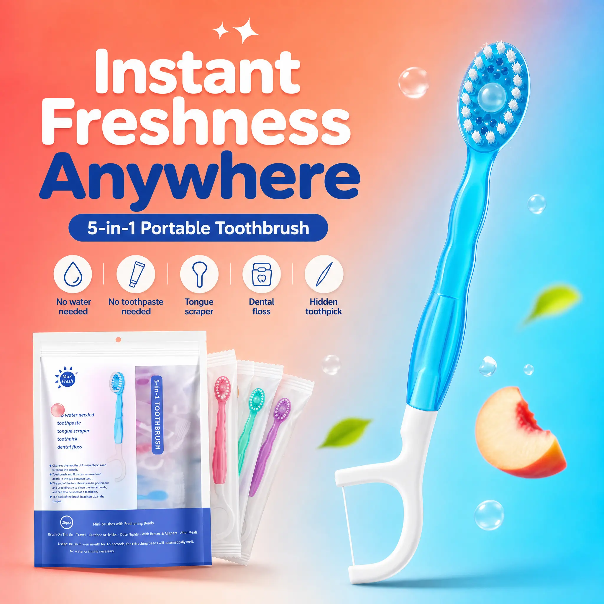 Disposable Toothbrush 26-Pack, 5-in-1 Waterless Oral Care Kit with Natural Peach Flavor, Includes Dental Floss & Pick, Compact for Gym & Daily Use