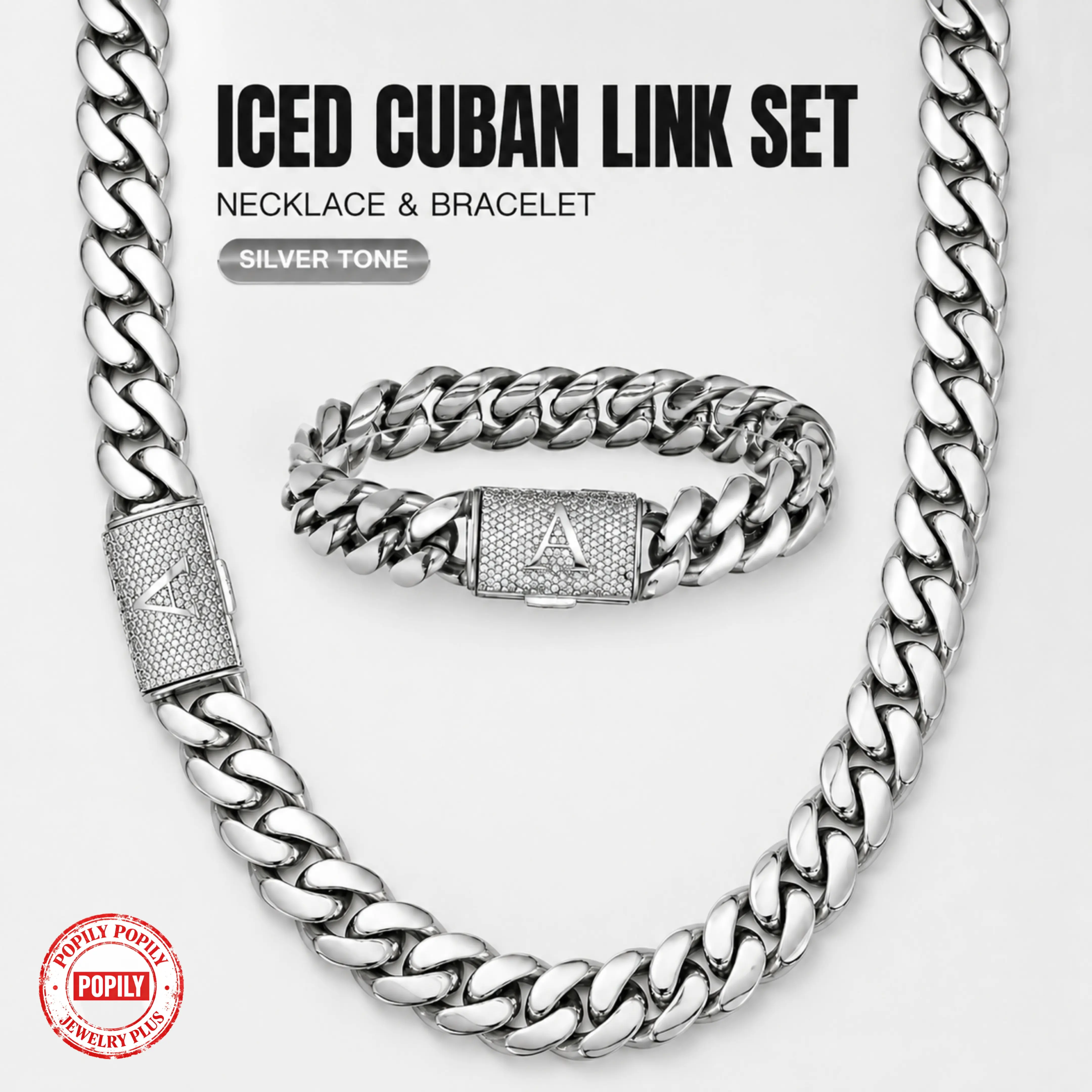 Men's 2-Piece Accessory Set - Iced-Out Cuban Link Necklace, Silver-Tone Hip Hop Jewelry with A-Z Initial Letter Clasp & Matching Bracelet