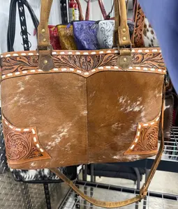 Genuine hand tooled leather & cowhide LARGE tote bag with matching tooled strap