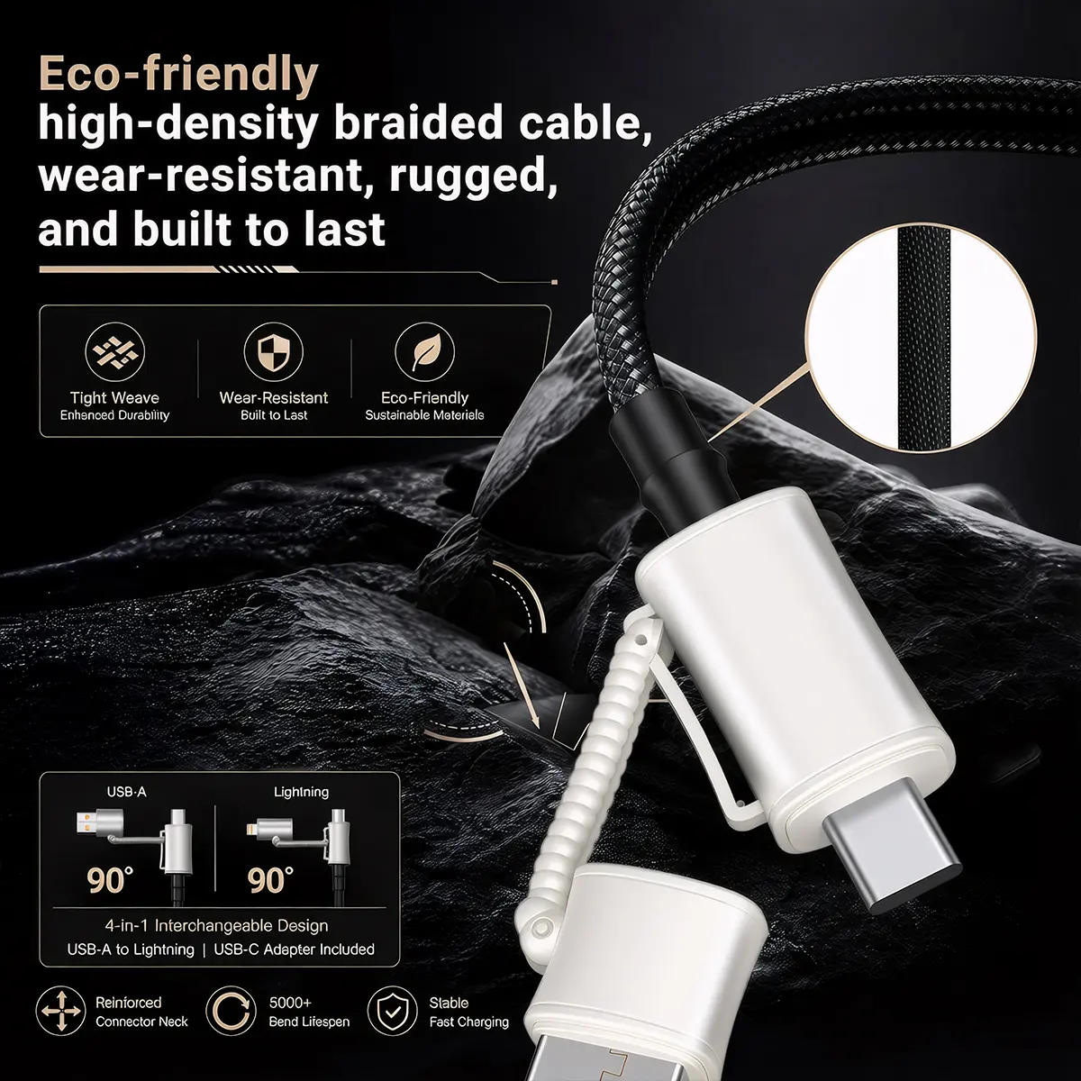 Fast Charging Data Sync USB-A Type-C Lightning Aluminum Compatible 6.6FT 4-in-1 USB-C Cable