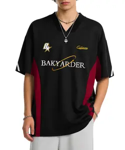 Bakyarder Men’s Vintage Oversized Jersey Shirt 90s Y2K Streetwear V Neck Embroidered Color-Block Loose Fit Casual T-Shirt