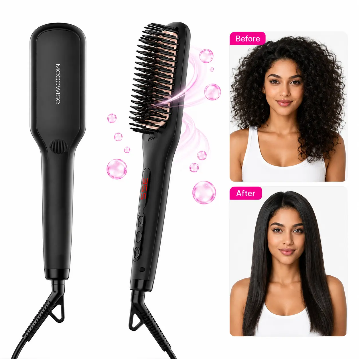 MEGAWISE Pro Ceramic Ionic Hair Straightener Brush for Home Salon | MCH Fast 20s Heating Tech w/ Auto-Off Safety | Anti-Scald with Universal Dual Voltage | Rotatable Power Cord | Straightening Comb Styling Shaper Hairbrush Lightweight Hairstyle Handy Girl