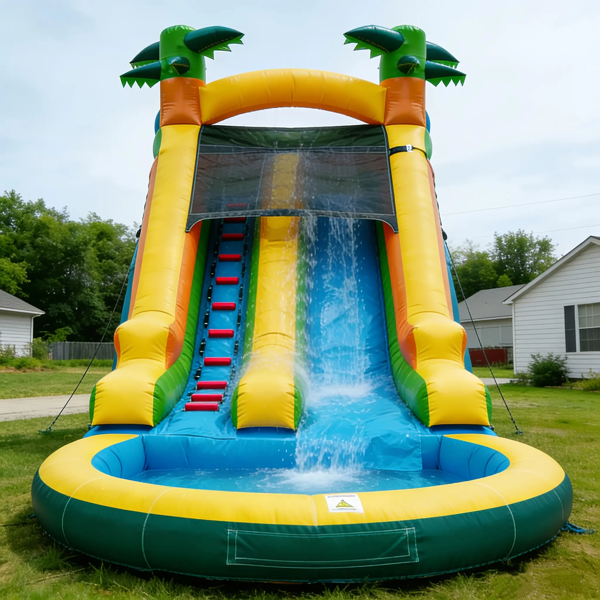 PVC Tropical Themed Inflatable Water Slide Bounce House for Kids Or Adults, Semi-Commercial, Park Use, Outdoor Water Play Slide, Outdoor Large Deep Pool Water Slide, Dry Wet Use