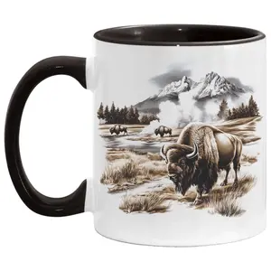 Retro Bison Roaming A Geyser Basin Mug - 90s Bull Buffalo Mountain Wilderness Scene Mug #403
