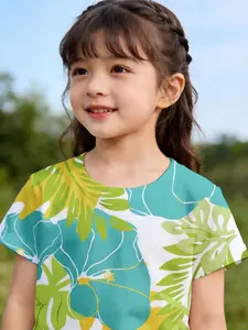 Daily Casual Girls' Short Sleeve T-Shirt, Tropical Floral Green Yellow White Pattern, Breathable Lightweight Comfortable, Holiday Outfit, Outdoor Wear, Parent-Child Outfit, All-Year Summer Comfort