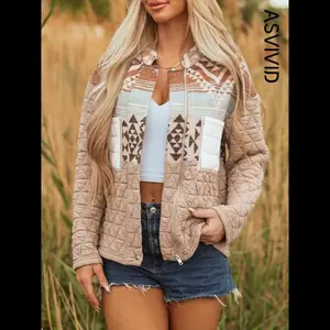 Women's Aztec Print Quilted Patchwork Jacket, Casual Elegant Western Style Stand Collar Coat, Winter Thick Outerwear with Chest Pockets, Womenswear, Fashion Tops