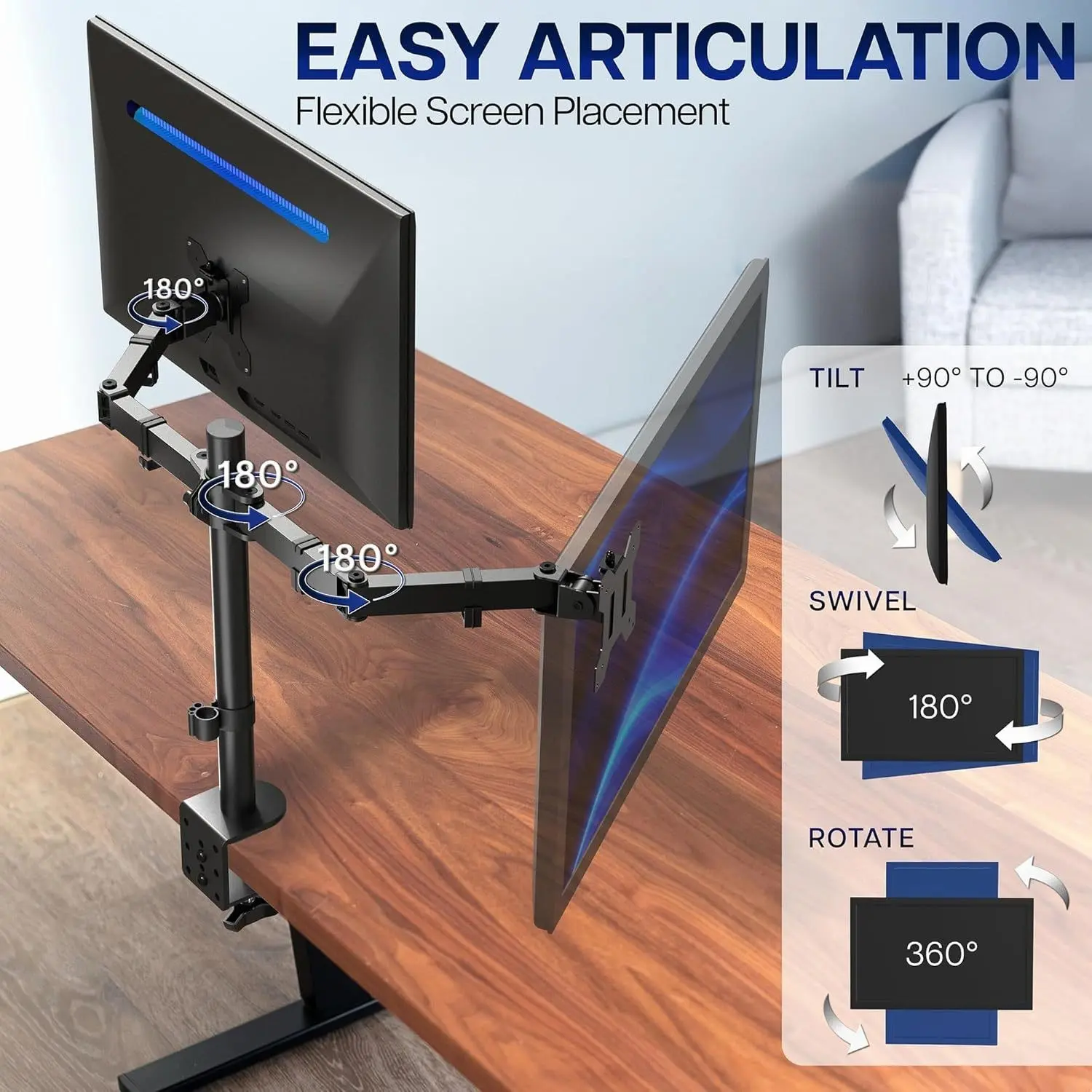 1pc Dual-Monitor Desk Mount – Supports two monitors up to 30 inches (22 lbs per arm); heavy-duty, fully adjustable steel mount with C-clamp and grommet mounting options (Model STAND-V002 |   Black)