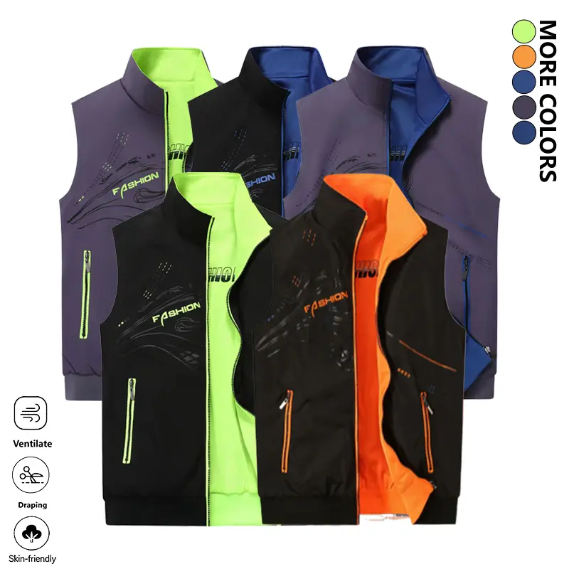 LIFE KEEPS MOVING men’s lightweight outdoor softshell sports vest, reversible design, letter print and zippered pockets, available in multiple colors, windproof zip jacket outerwear for lunch breaks, suitable for hiking, running, golf, and outdoor activit