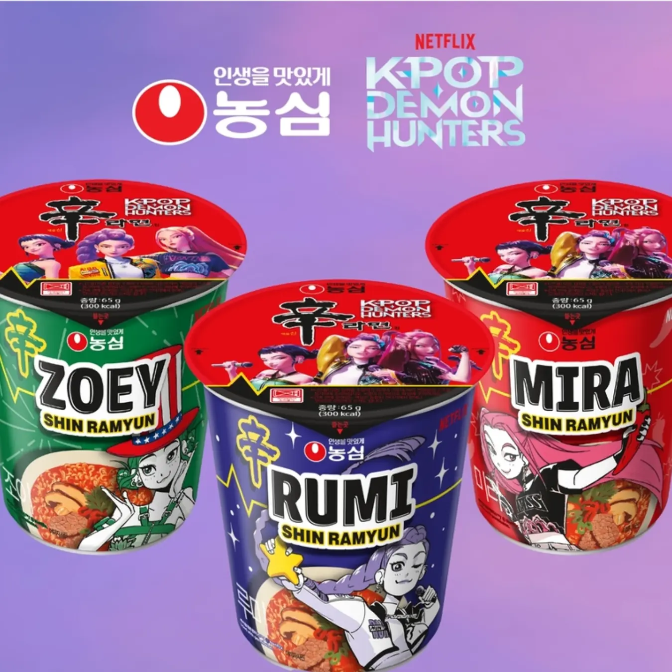 Nongshim x K-pop Demon Hunters Cup Noodle Flavor Limited Series (Rumi-Superstar Spicy & Smoky / Mira-Spicy Queen Gourmet Spicy / Zoey- Bueger Hero Hamburger Flavor))