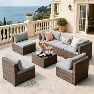 7 Pieces Outdoor Patio Furniture Set, PE Rattan Wicker Sectional Sofa Set with Cushions and Glass Coffee Table, Suitable for Balcony, Porch and Garden in Grey