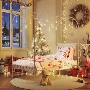 White Kids Canopy Twin Bed Frame, Upholstered Bed with Mosquito Net Poles Sturdy Metal Slats