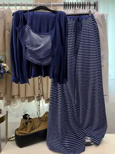 Plus Size Striped Layered Three-Piece Set, Long Sleeve Cardigan, Tank Top, High Waist Wide Leg Pants, Comfort Home Wear/outdoor