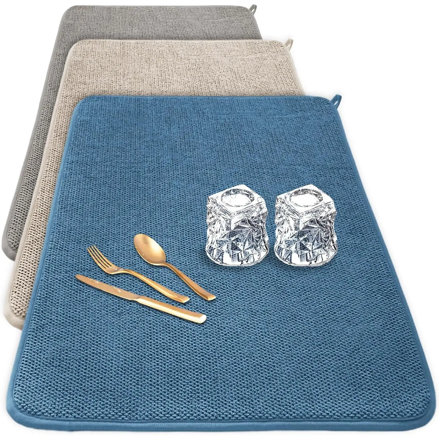 3 Pack XXL Dish Drying Mats,24x17" Absorbent Microfiber Dishes Drainer Mats,Large Size Pads for Kitchen Counter,Coffee,Rack,Under Sink(Beige,Blue,Gray)