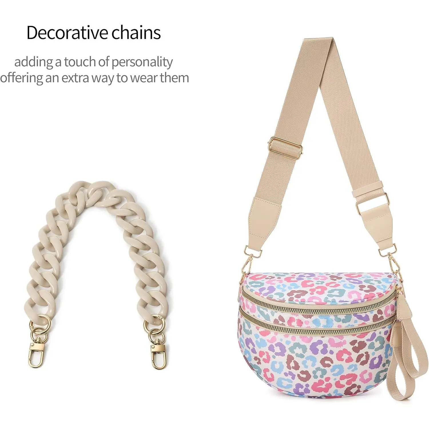 Leopard Purse Leopard Print Bum Bags for Women Crossbody Spacious Waist Bag Fanny Packs Crossbody Bag (Colorful+Chain) Leopard Spacious Checkered Nylon Crossbody Bag Bum Bag Checkered Handbags Wallets with Personalized Chain for Women Handbags Wallets Pur
