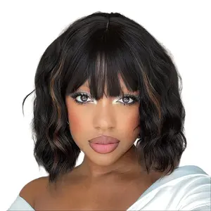 DealsForYouDays AISI HAIR Wavy Bob Wigs with Bangs for Women Short Wavy Bob Curly Wig Synthetic Natural Looking Heat Resistant Fiber Wig Realistic Illusion Hairline Soft Wave Wig Mix Brown Wig