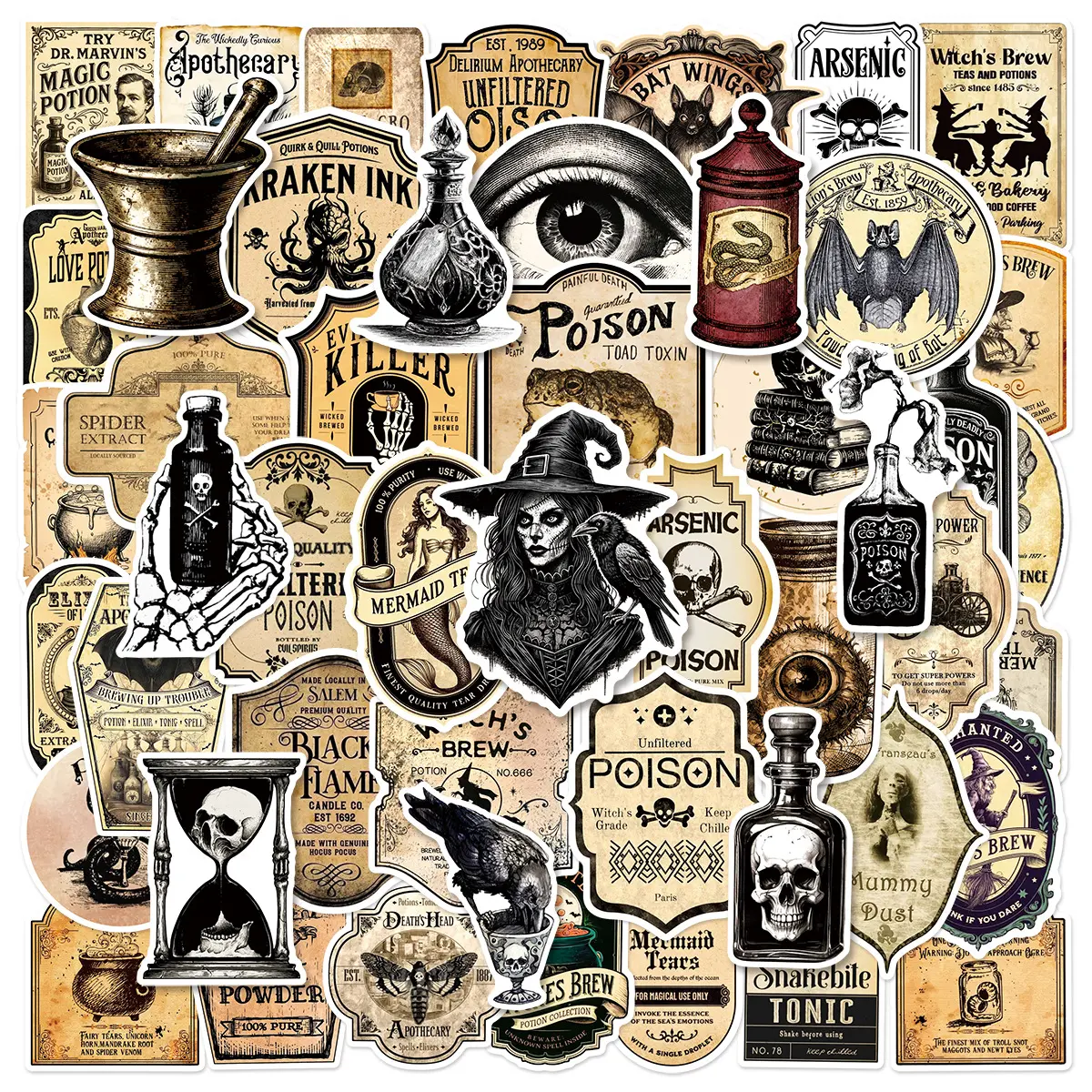50 Vintage Apothecary Witch Potion Doodle Stickers - Suitable for Scrapbooks, Journals, Laptops, Water Bottles, Cars, Car Decals, Car Decorative Sticker, Automotive Decals, and Other Faith-based Designs. A Gift with A Positive Message.