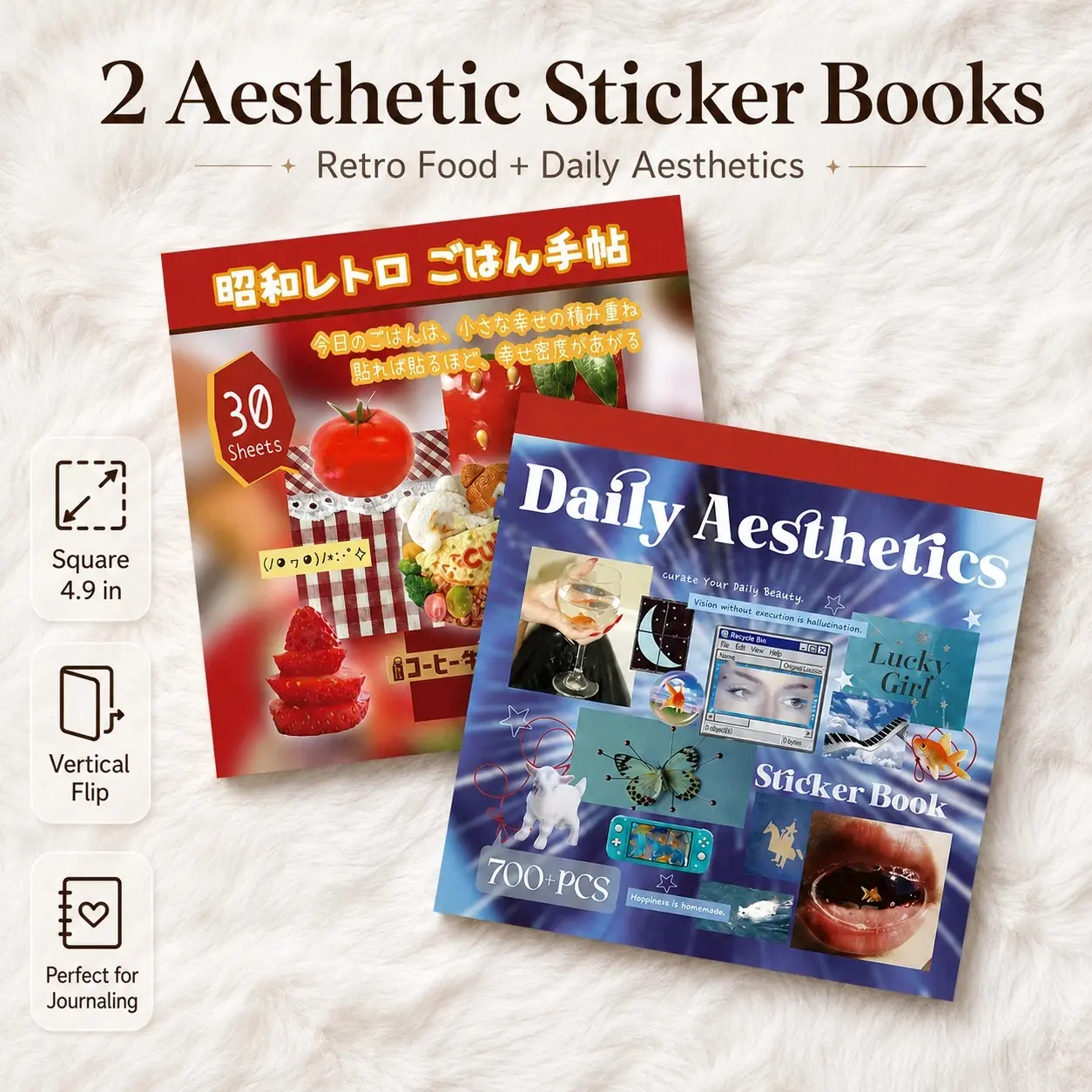 2 Styles 30 Sheets Foodie & Moodboard Sticker Book - 672-700+ Pcs Dessert, Cafe & Color-Themed Aesthetic Collage Stickers for Junk Journal Scrapbooking Planner