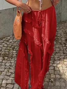 Women's Solid Color Ruffle Trim Long Skirt, Casual Fashionable Skirt for Daily Holiday Vacation Wear, Ladies Bottoms for Summer