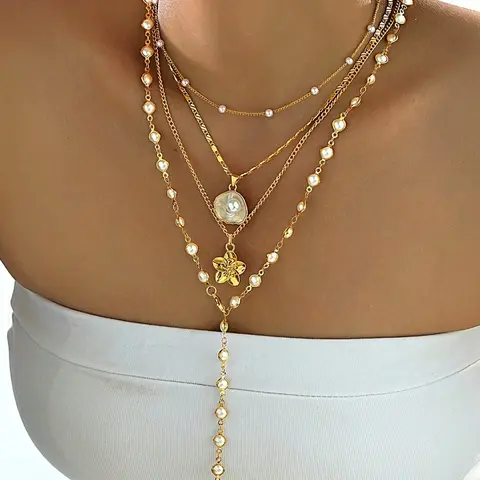 Boho Shell Flower & Faux Pearl Y Necklace Set for Women, Summer Style Fashion Jewelry, Minimalist Layered Design, Multilayer Necklace, Dainty Boho Necklace, Perfect for Beach Vacations & Parties