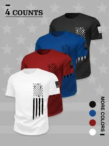 Men's Quick-Dry Short Sleeve T-Shirt Set, Patriotic Vintage Flag Print, Loose Fit Round Neck, Skin-Friendly Fabric, Casual Street Wear All Seasons Wear