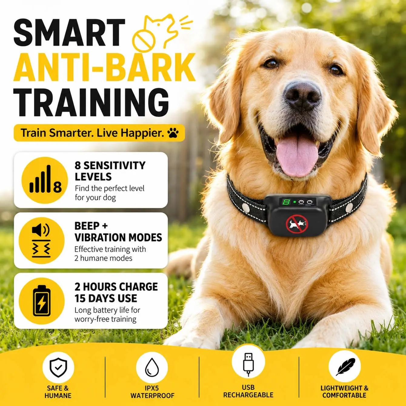 Dog Bark Collar, Rechargeable Anti Barking Training Collar with Beep & Vibration Modes, 8 Adjustable Sensitivity Levels, Smart Bark Detection, Reflective Collars, Reflective Adjustable Strap for Small Medium Large Dogs