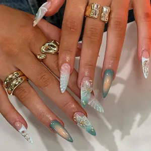 Ocean Breeze Ombre Press On Nails | Summer Mermaid Nail Art | Seashell Floral Nail | Coastal Vibes Nail Set | Elegant Nails | DC273H
