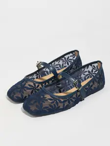 Women's Summer Mesh Embroidered Ballet Flat Lace Hollow Out Mary Jane Shoes, Elegant Plain Pattern, Breathable Low Ankle Heel, Textile Upper, Summer Flats