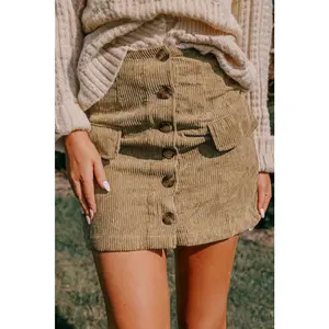 Camel Corduroy Buttoned Front Faux Pockets Mini Skirt