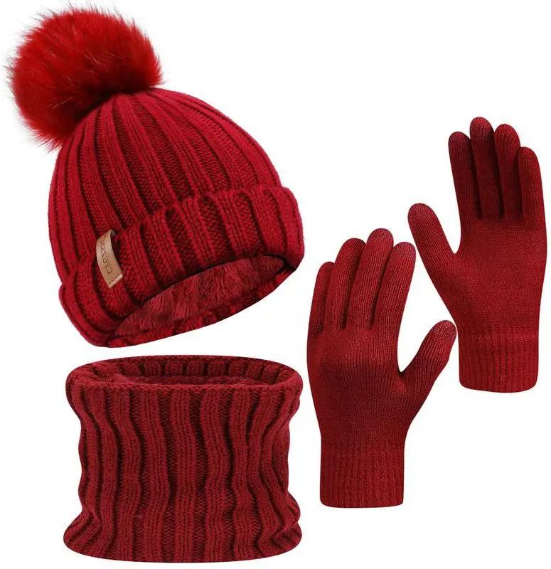 Adult 3-Piece Fleece Knit Winter Beanie-Scarf-Gloves Set, Classic Knitted, Touchscreen, Double-Layered Brim, for Commute & Daily Sports & Outdoor Use, High Elasticity, Hiking, Plush Thermal Material, Unisex, Mountain Climbing, Ribbed, Riding