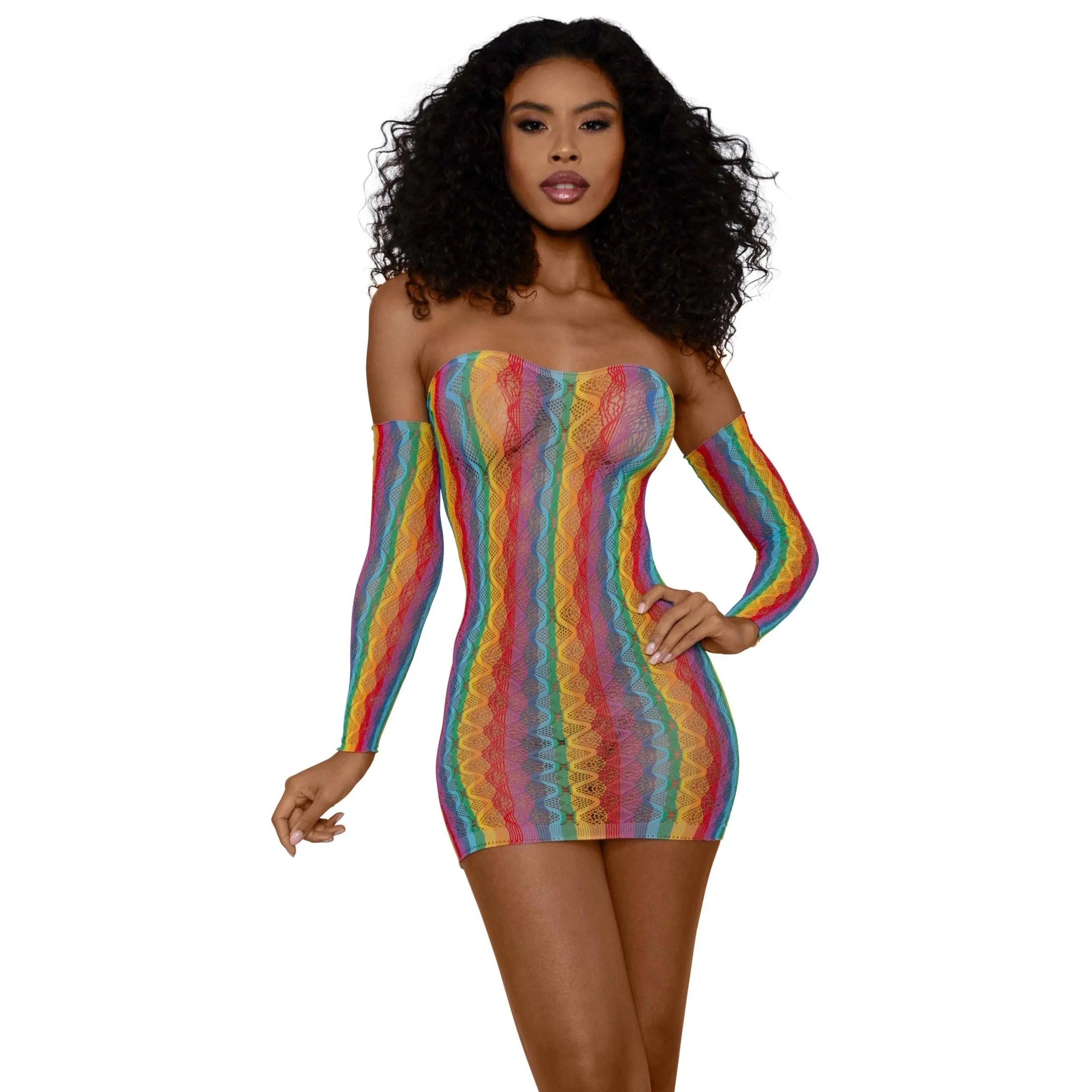 Women's Sheer Rainbow Fishnet Mini Dress with Matching Arm Warmers, Lingerie-Inspired Festival Casual Dress, Women's Clothes, Festival Wear, Maximalist, Fishnet Pattern
