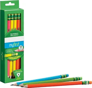 My First Tri-Write Wood-Cased Pencils, Pre-Sharpened, 2 HB, With Erasers, Neon Colors, 12 Count