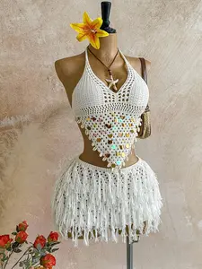 Women's Plain Sequin Embellished Bohemian Crochet Set, Halter Neck Tank Top + Fringe Skirt, Beach Vacation Best Choice, Music Festival or Tropical Travel